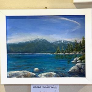 Lake View" by Toni DeRuntz: a framed painting of rocks, pines, and snowy peaks by a serene lake under a blue sky.