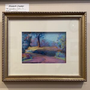 Framed pastel landscape, "Woodsy Path 3" by Elizabeth Craumer, features a tree and winding path.