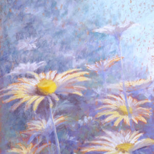 Blowin' in the Wind" by Elizabeth Craumer depicts yellow and white daisies on a soft blue and purple backdrop.