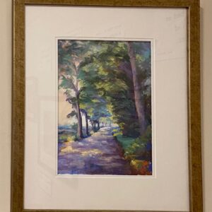Capturing the Light" by Elizabeth Craumer: a framed painting of a sunlit, tree-lined path with lush green foliage.